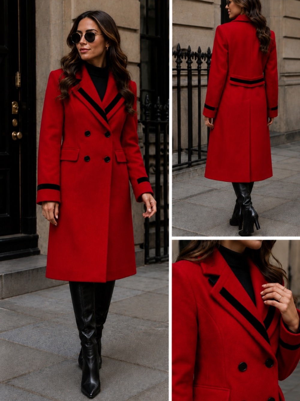 Rothschild - Vintage - Double-Breasted Red Wool Blend Coat - black velvet trim